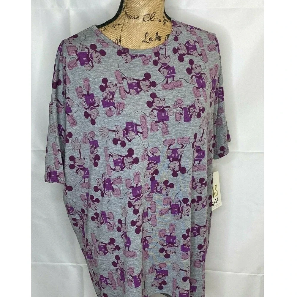 LuLaRoe Irma Disney Mickey Mouse Tunic Top Gray Purple XS New With Tags Baggy
